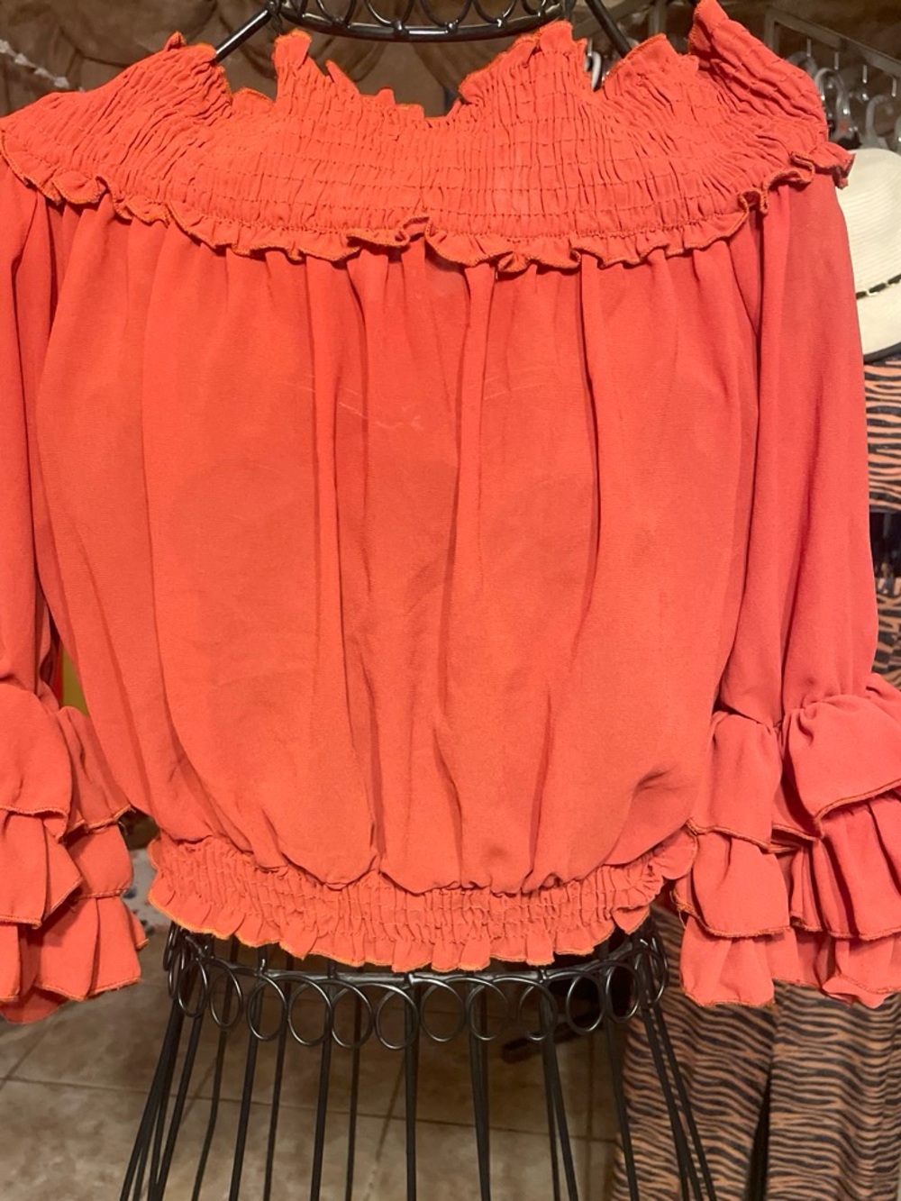 Active USA Coral Off-Shoulder Ruffle Smocked Blouse